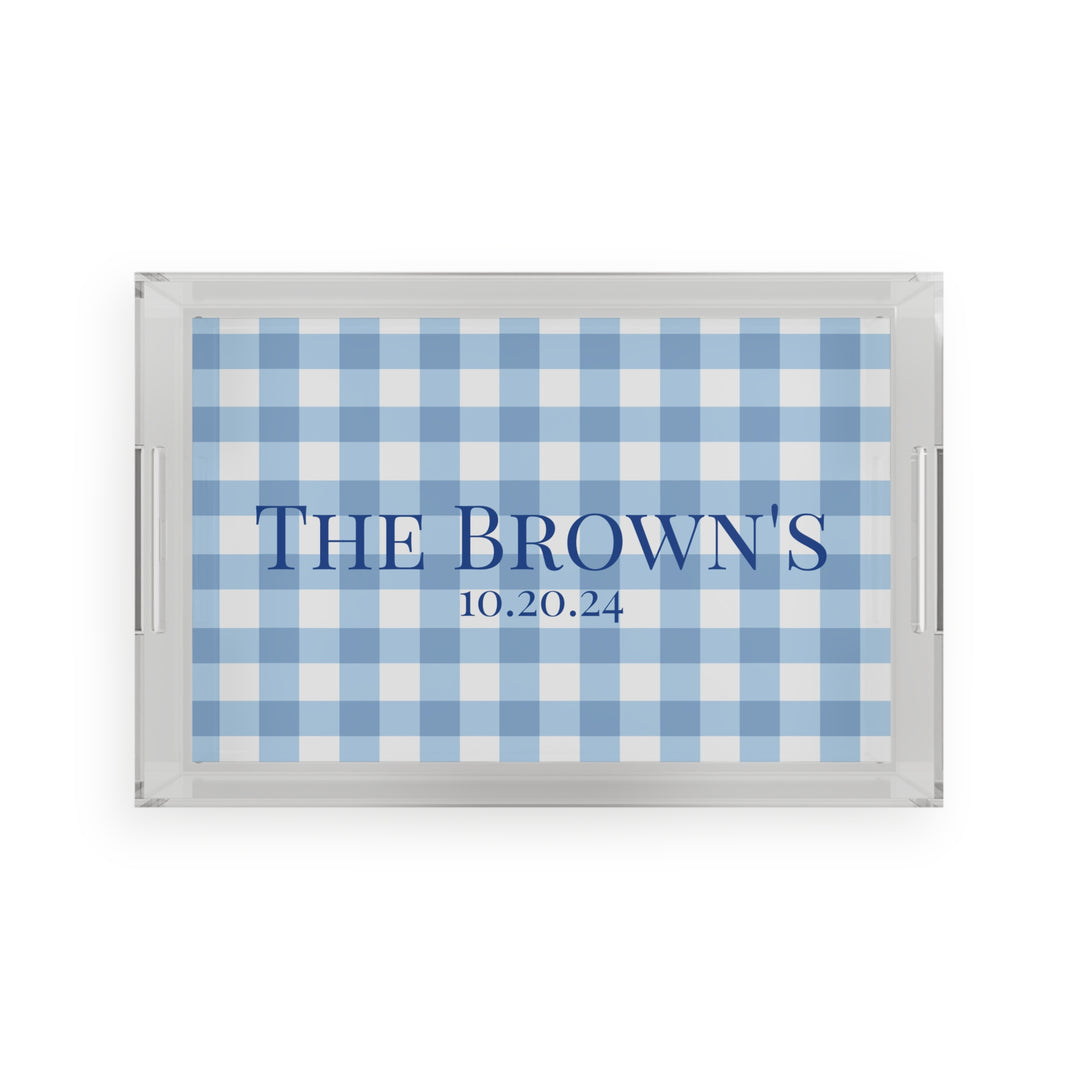 Personalized Classic Blue Gingham Acrylic Serving Tray - SB Paperie