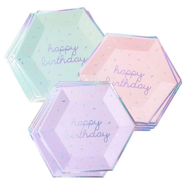 Sprinkles - Pastel Happy Birthday Large Paper Plates (Multi-Color Pack, 18 count)