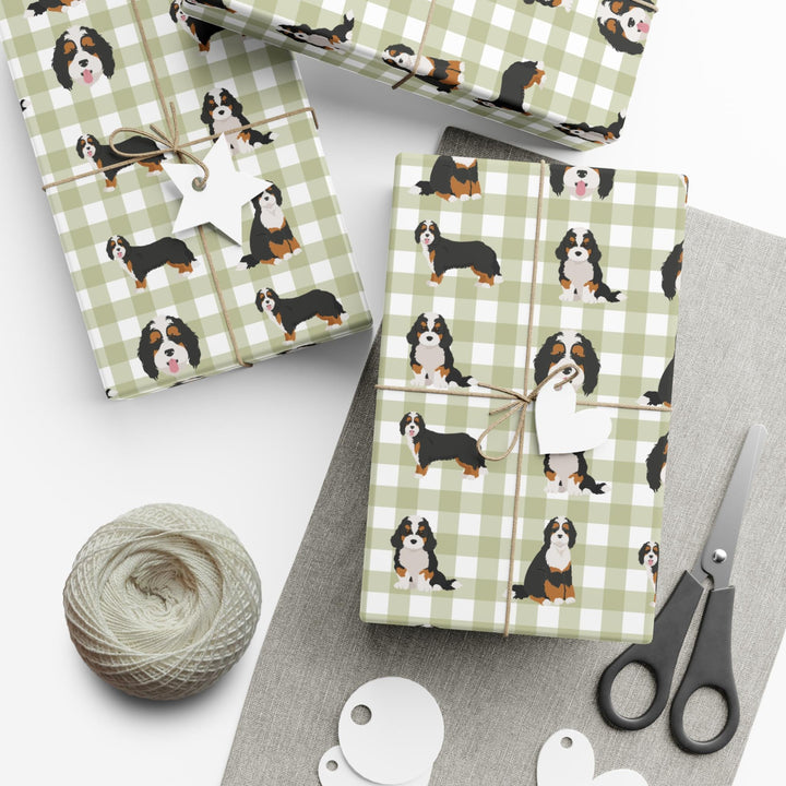 Bernedoodle graphics on light green gingham background wrapping paper