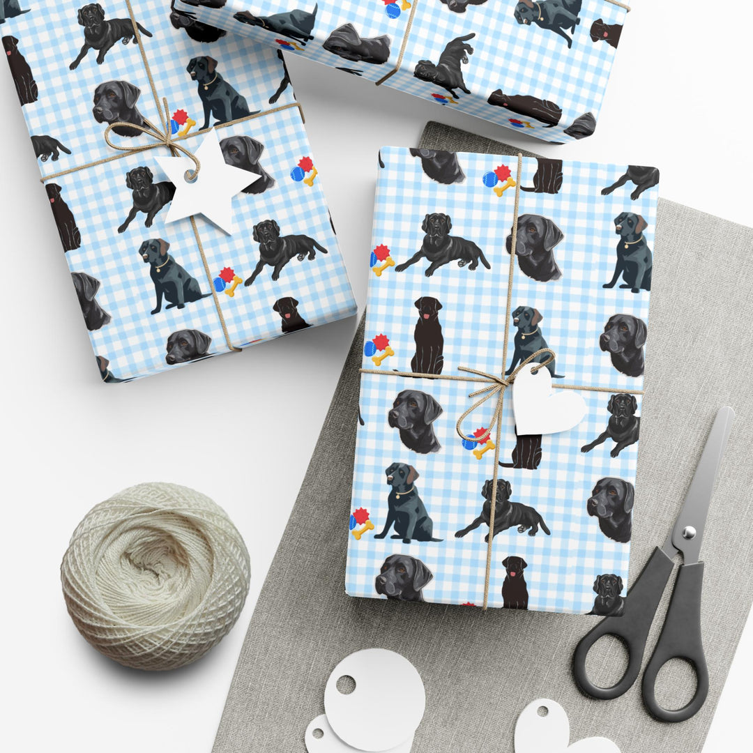 Light Blue gingham with black lab graphics and colored chew toys on wrapping paper- adorable for dog presents or dog lover gifts