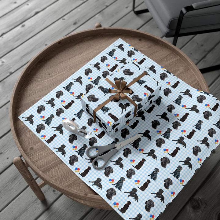 Light Blue gingham with black lab graphics and colored chew toys on wrapping paper- adorable for dog presents or dog lover gifts