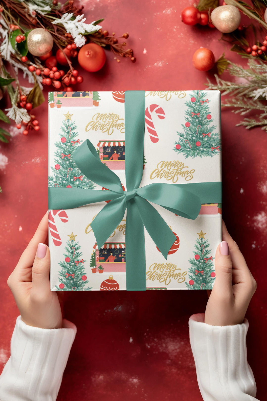 Christmas themed wrapping paper with watercolor graphics of a candy cane, Christmas shop, ornaments and a Christmas tree that has red ornaments. can be printed on a shiny or a matte paper and comes in 3 sizes