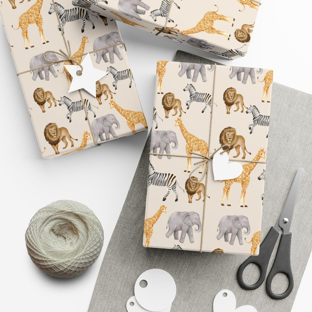 Light beige wrapping paper with safari animals, zebra, lion, giraffe, elephants for birthday wrapping paper