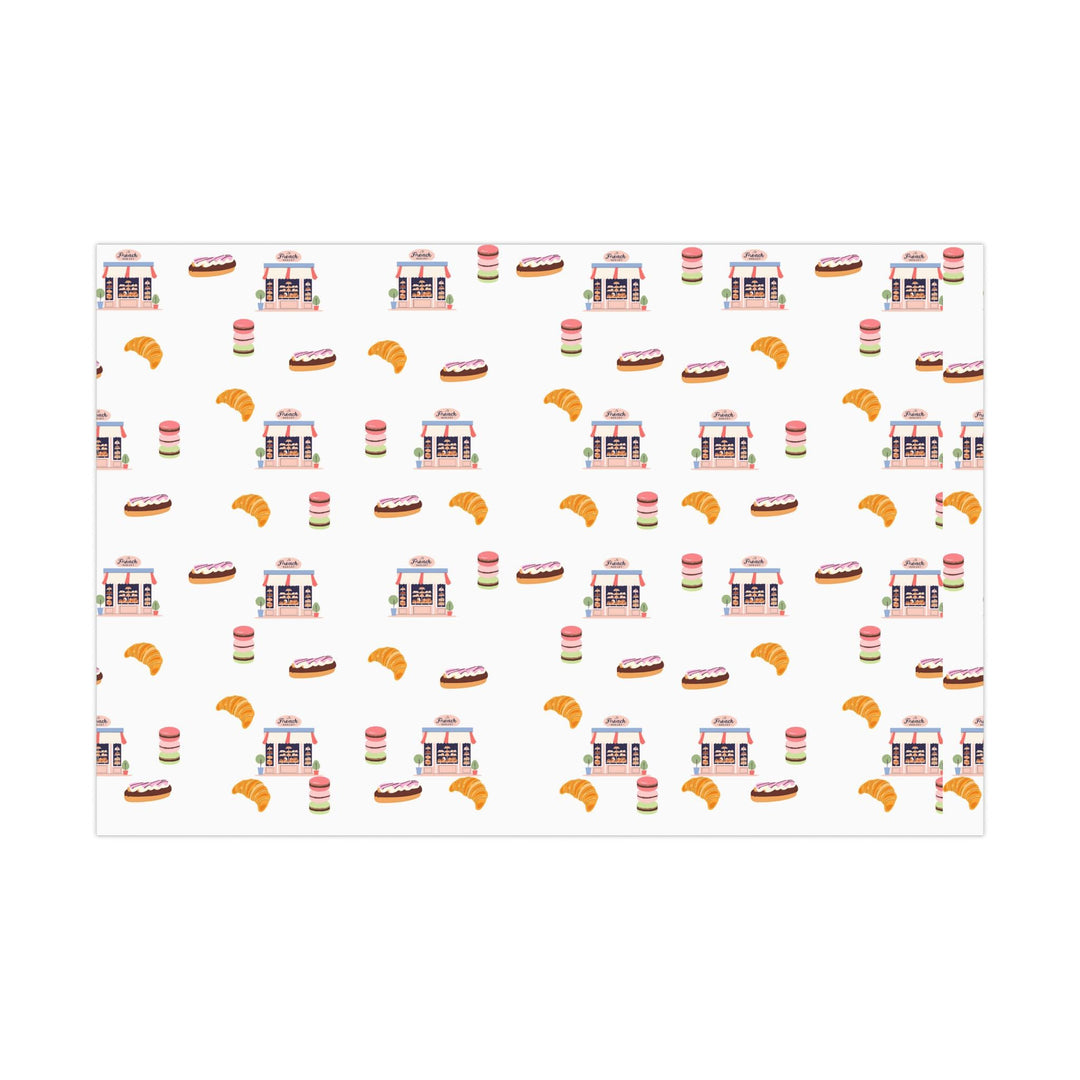 French bakery themed wrapping paper with graphics of macaroons, croissants, French pastries, French bakery - so cute and elegant