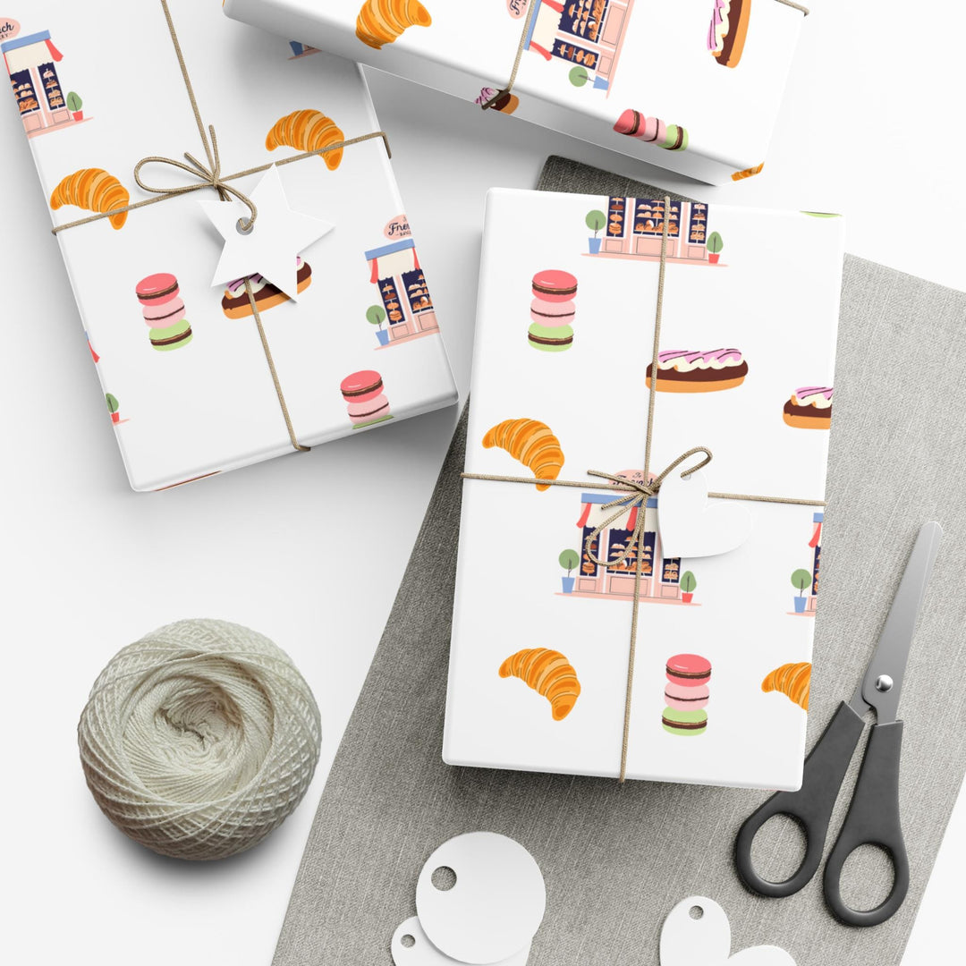 French bakery themed wrapping paper with graphics of macaroons, croissants, French pastries, French bakery - so cute and elegant