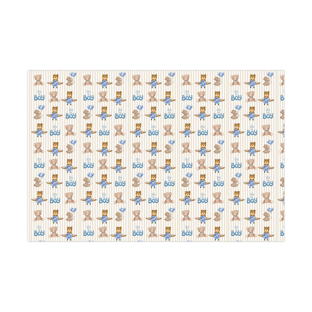 Beige striped wrapping paper with Its a boy text and graphics of little brown bears with blue balloons