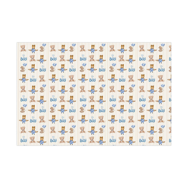 Beige striped wrapping paper with Its a boy text and graphics of little brown bears with blue balloons