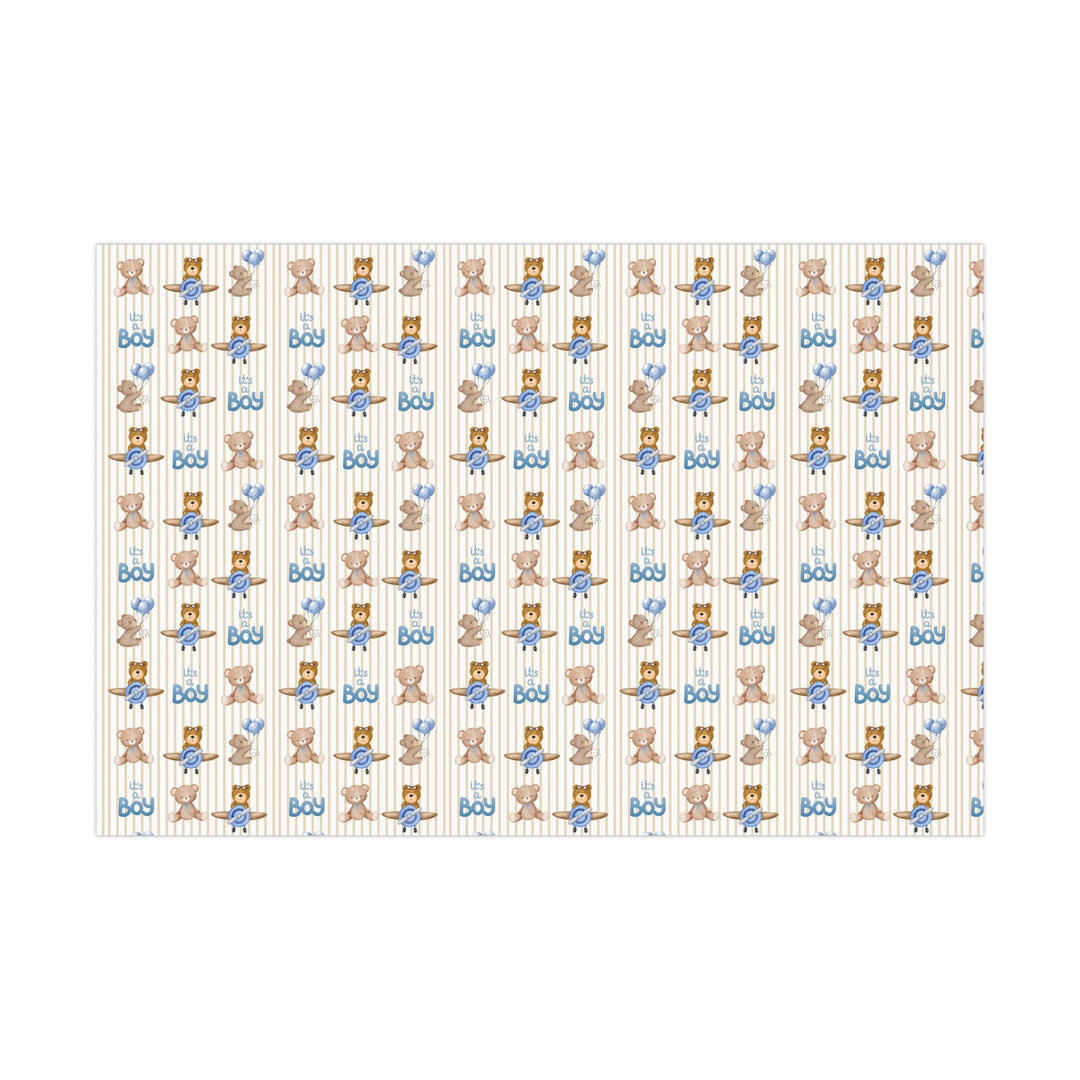 Beige striped wrapping paper with Its a boy text and graphics of little brown bears with blue balloons