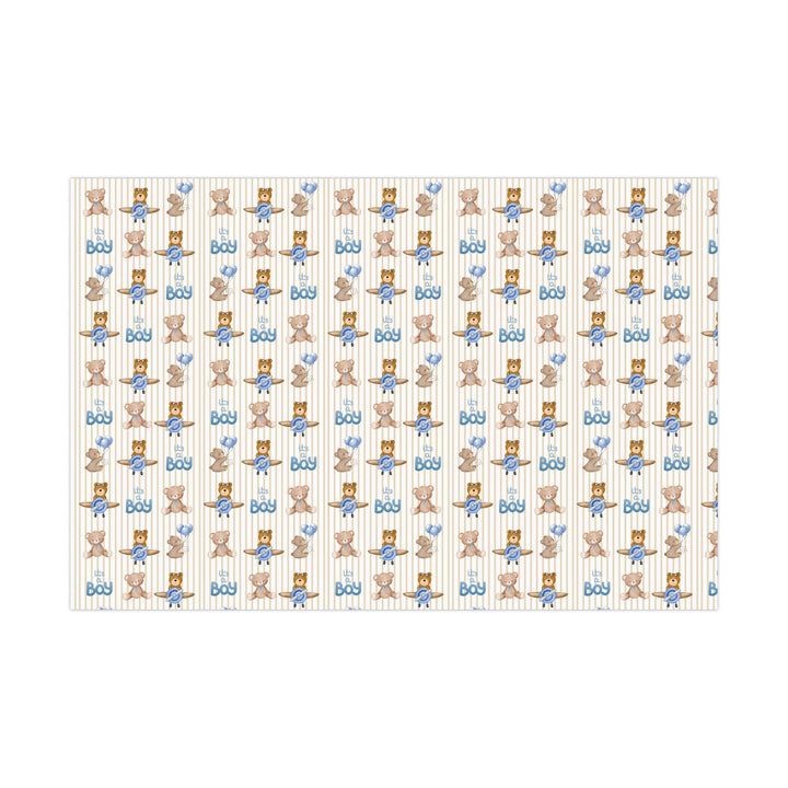 Beige striped wrapping paper with Its a boy text and graphics of little brown bears with blue balloons