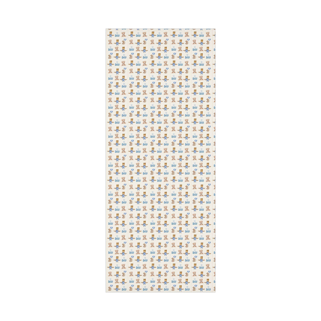 Beige striped wrapping paper with Its a boy text and graphics of little brown bears with blue balloons