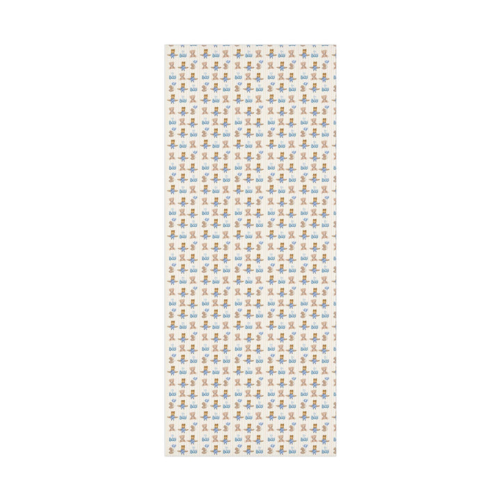 Beige striped wrapping paper with Its a boy text and graphics of little brown bears with blue balloons