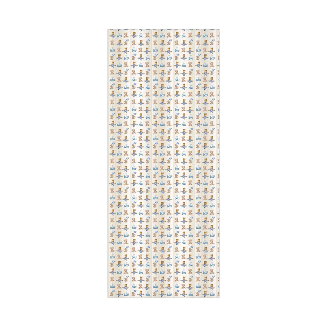 Beige striped wrapping paper with Its a boy text and graphics of little brown bears with blue balloons