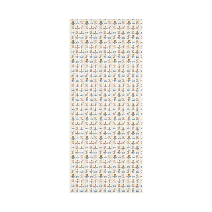 Beige striped wrapping paper with Its a boy text and graphics of little brown bears with blue balloons