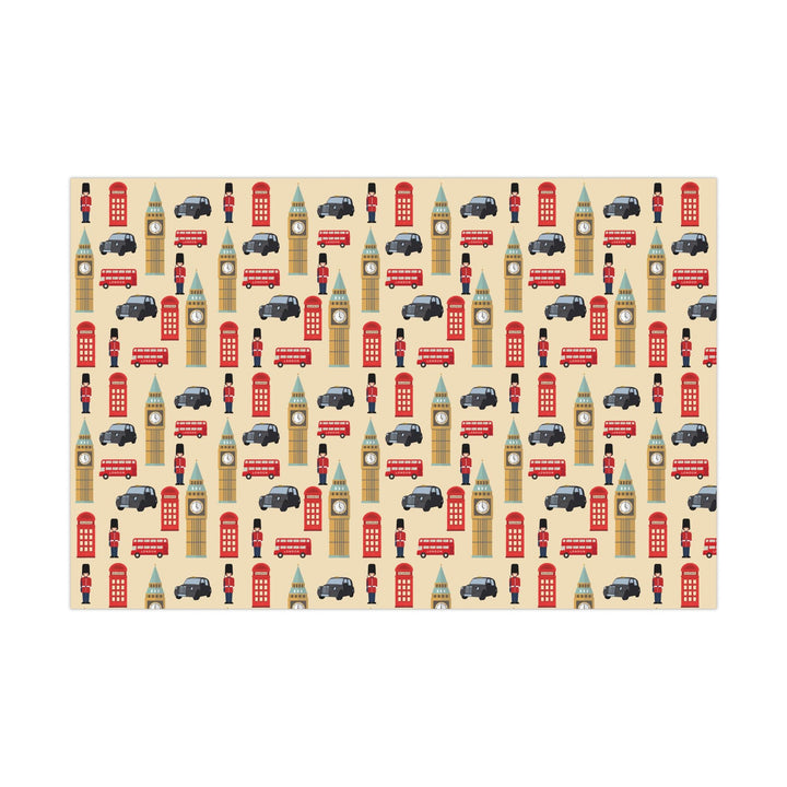 London themed wrapping paper with palace guard, black taxi, Big Ben, telephone booth on tan wrapping paper