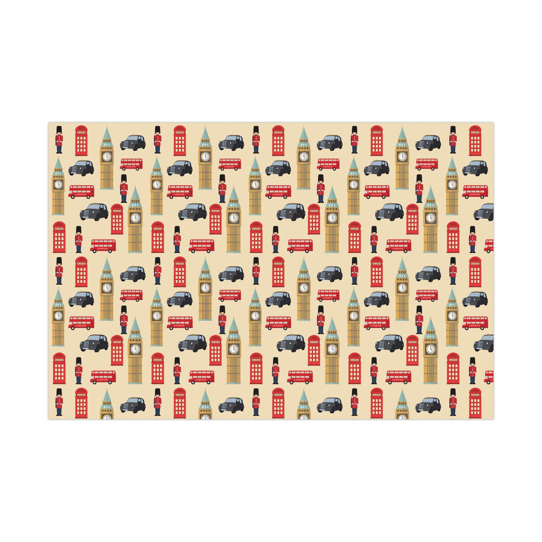 London themed wrapping paper with palace guard, black taxi, Big Ben, telephone booth on tan wrapping paper