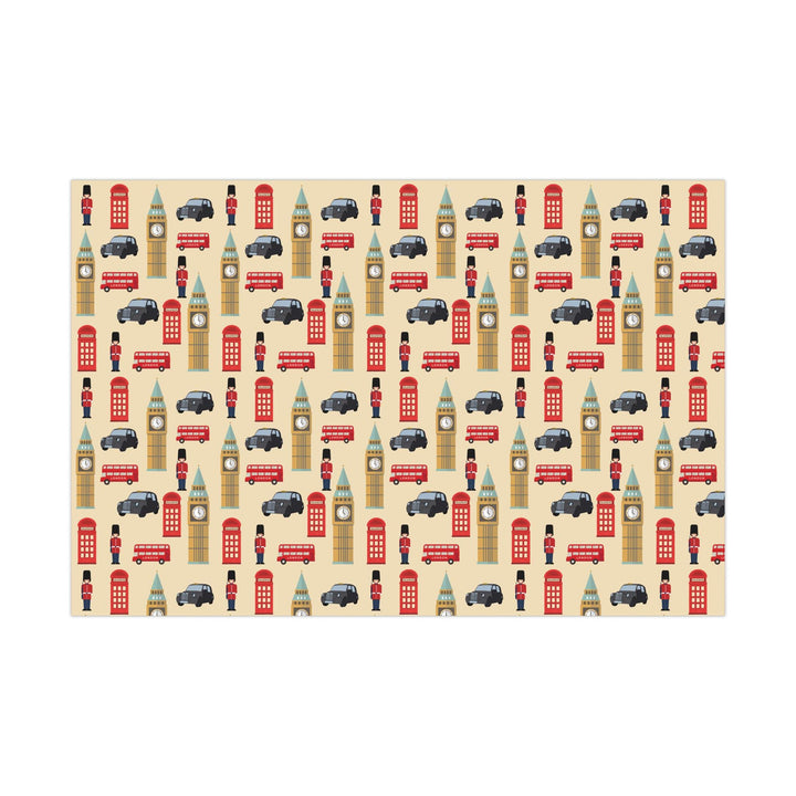 London themed wrapping paper with palace guard, black taxi, Big Ben, telephone booth on tan wrapping paper