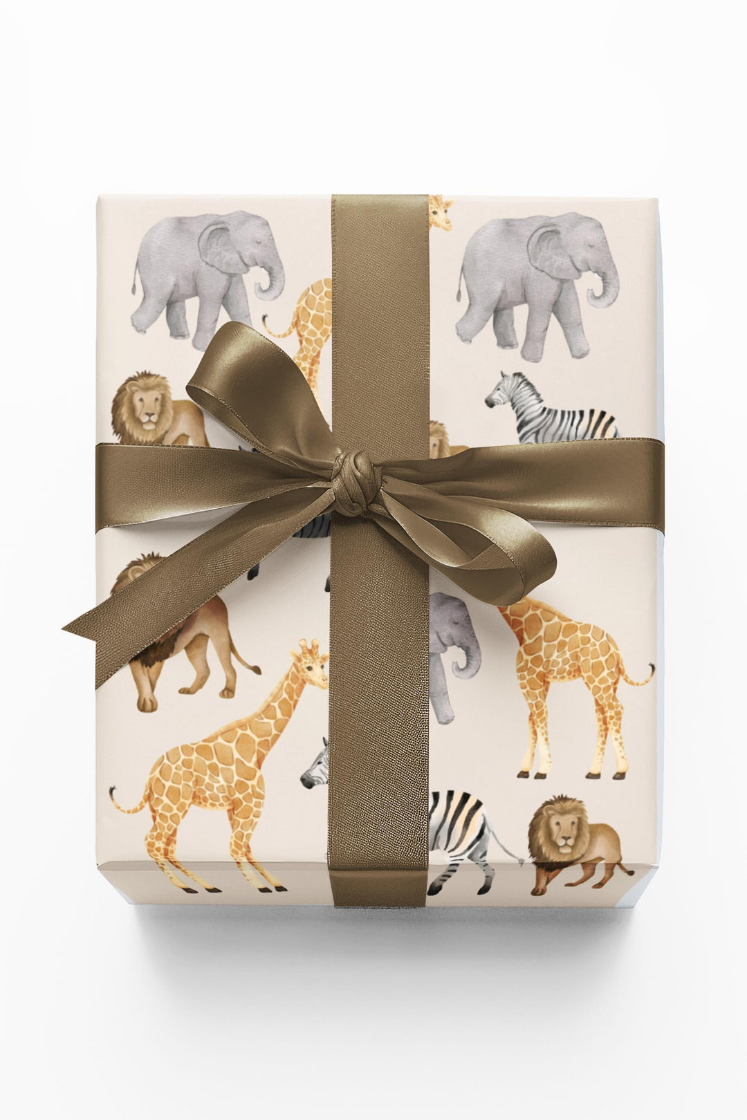 Light beige wrapping paper with safari animals, zebra, lion, giraffe, elephants for birthday wrapping paper