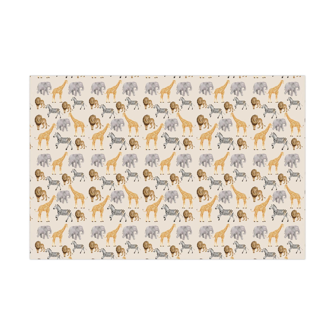 Light beige wrapping paper with safari animals, zebra, lion, giraffe, elephants for birthday wrapping paper