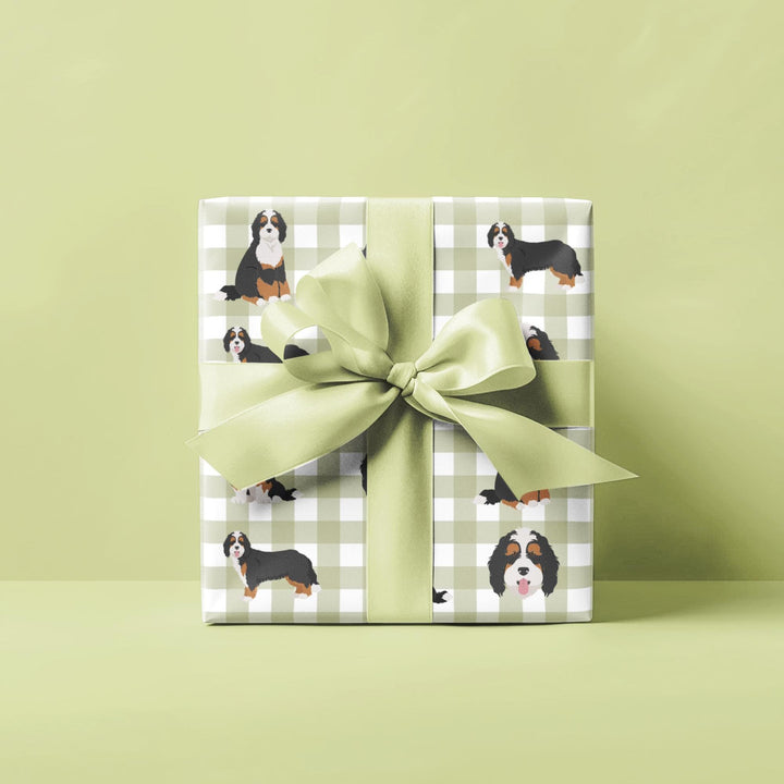 Bernedoodle graphics on light green gingham background wrapping paper