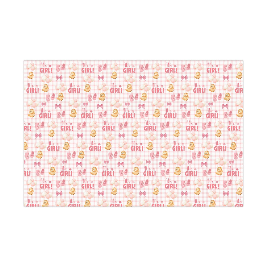 Pink gingham wrapping paper with graphics of lion with balloons, baby ballet flats, baby pink bow and It&#39;s a Girl text