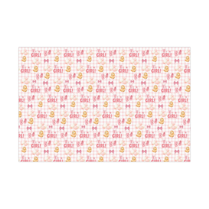 Pink gingham wrapping paper with graphics of lion with balloons, baby ballet flats, baby pink bow and It&#39;s a Girl text