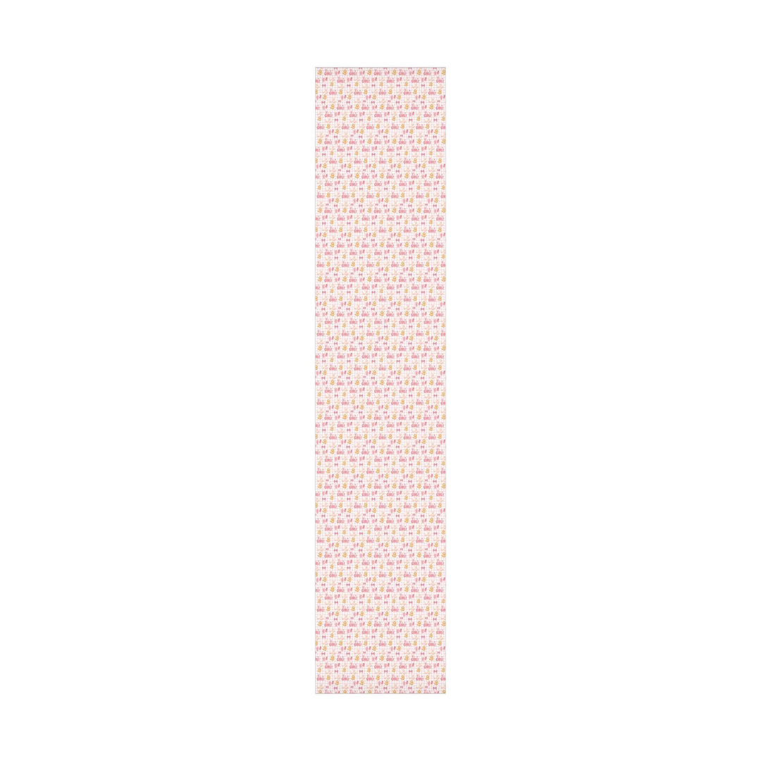 Pink gingham wrapping paper with graphics of lion with balloons, baby ballet flats, baby pink bow and It&#39;s a Girl text