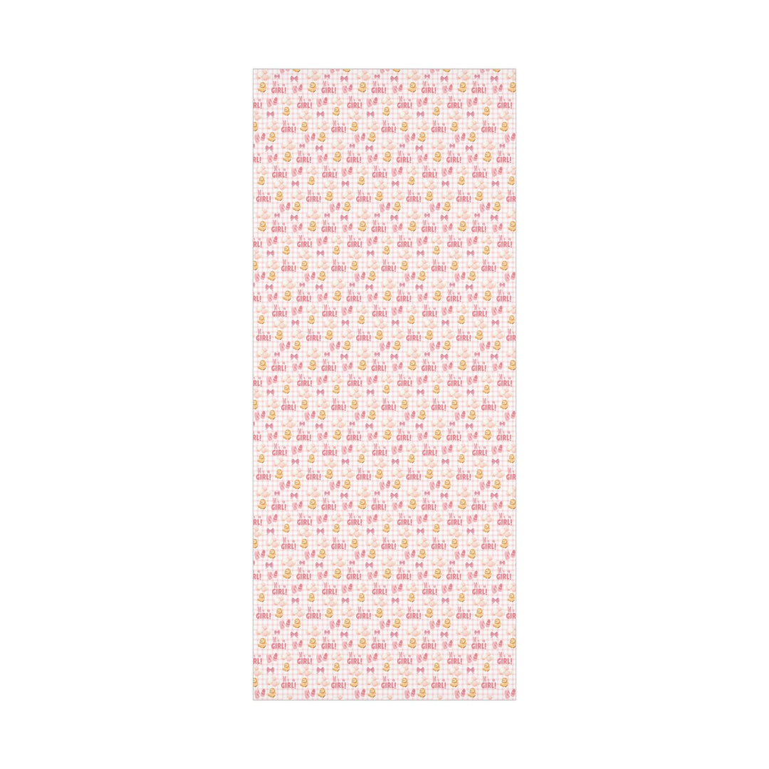 Pink gingham wrapping paper with graphics of lion with balloons, baby ballet flats, baby pink bow and It&#39;s a Girl text