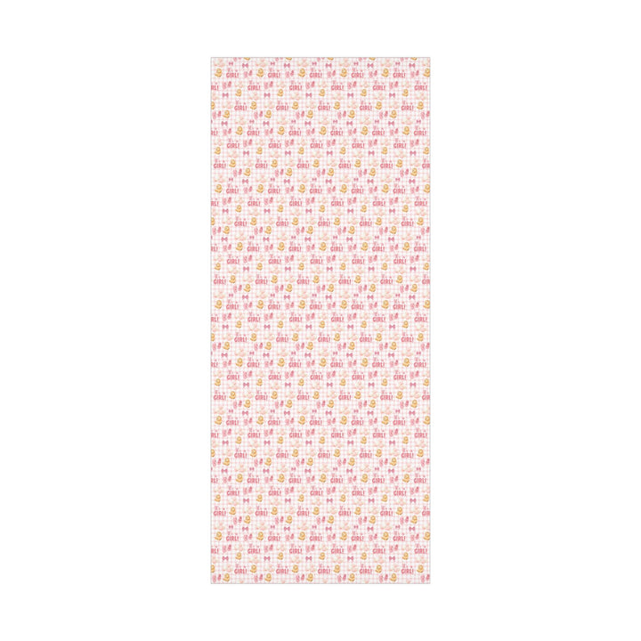 Pink gingham wrapping paper with graphics of lion with balloons, baby ballet flats, baby pink bow and It&#39;s a Girl text