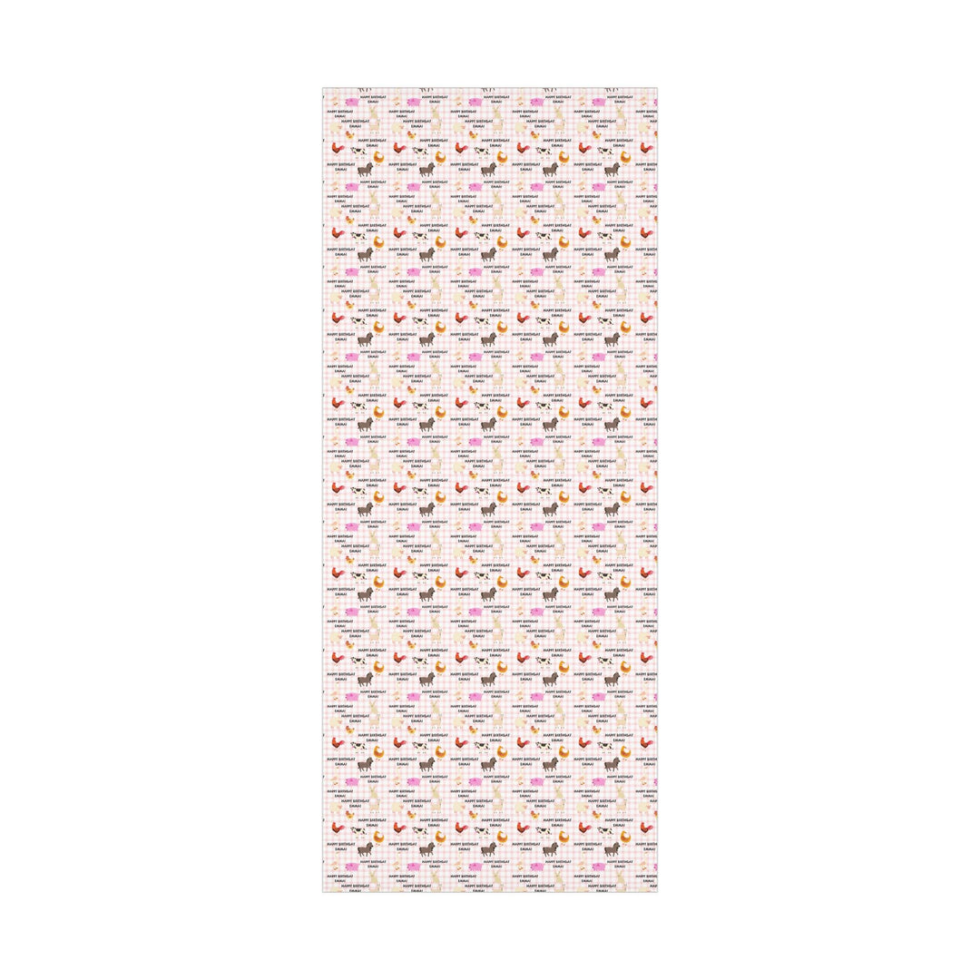 Pink gingham pattern with graphics of cute farm animals and Happy birthday text that can be personalized with any name