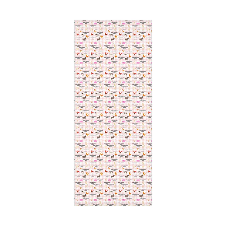 Pink gingham pattern with graphics of cute farm animals and Happy birthday text that can be personalized with any name