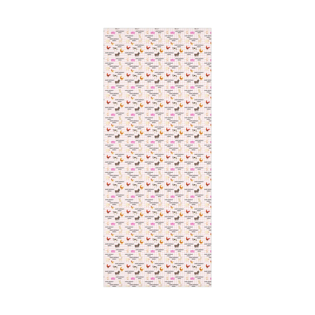 Pink gingham pattern with graphics of cute farm animals and Happy birthday text that can be personalized with any name