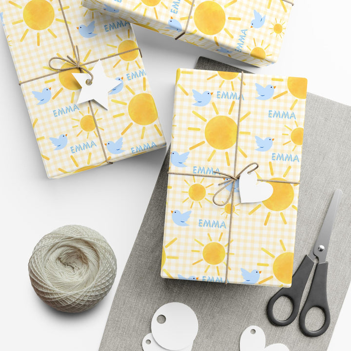 Personalized Yellow Gingham Sunshine & Blue Birds Wrapping Paper