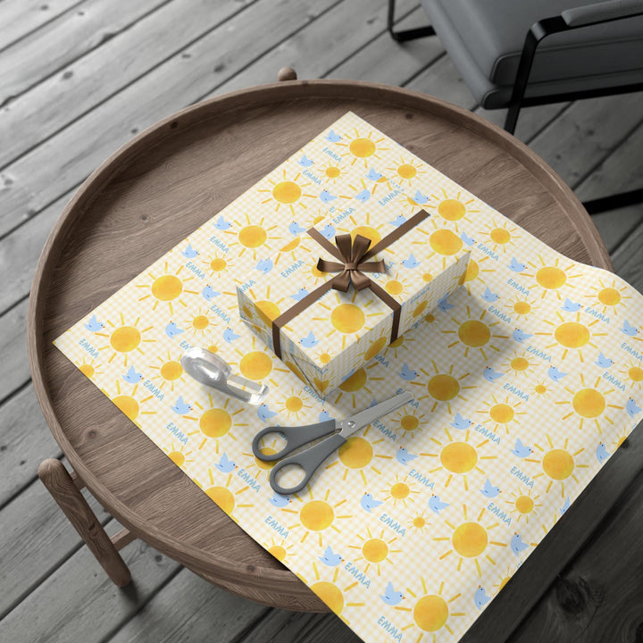 Personalized Yellow Gingham Sunshine & Blue Birds Wrapping Paper