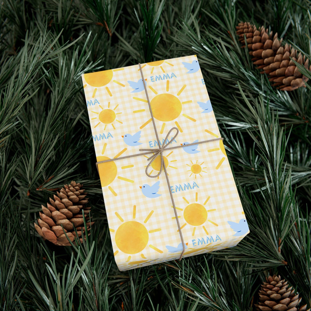 Personalized Yellow Gingham Sunshine & Blue Birds Wrapping Paper