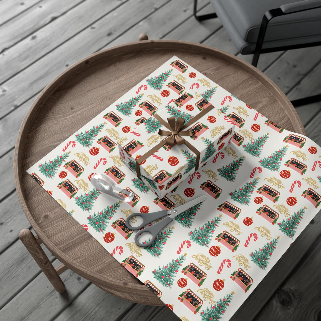 Christmas themed wrapping paper with watercolor graphics of a candy cane, Christmas shop, ornaments and a Christmas tree that has red ornaments. can be printed on a shiny or a matte paper and comes in 3 sizes