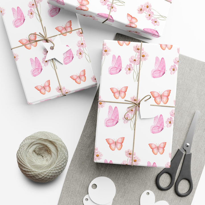 Pastel orange and pink flowers and butterflies on white background wrapping paper- elegant and beautiful! Perfect for a bridal gift or girl baby shower