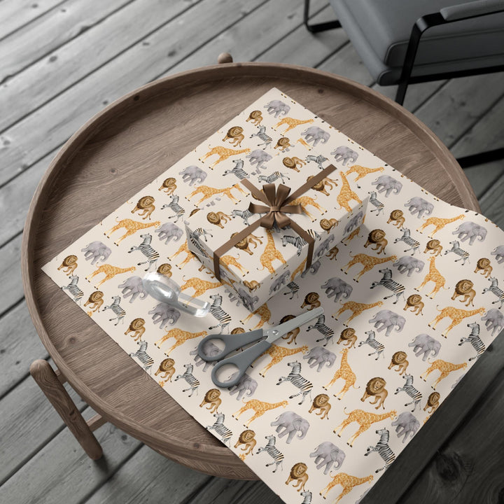 Light beige wrapping paper with safari animals, zebra, lion, giraffe, elephants for birthday wrapping paper