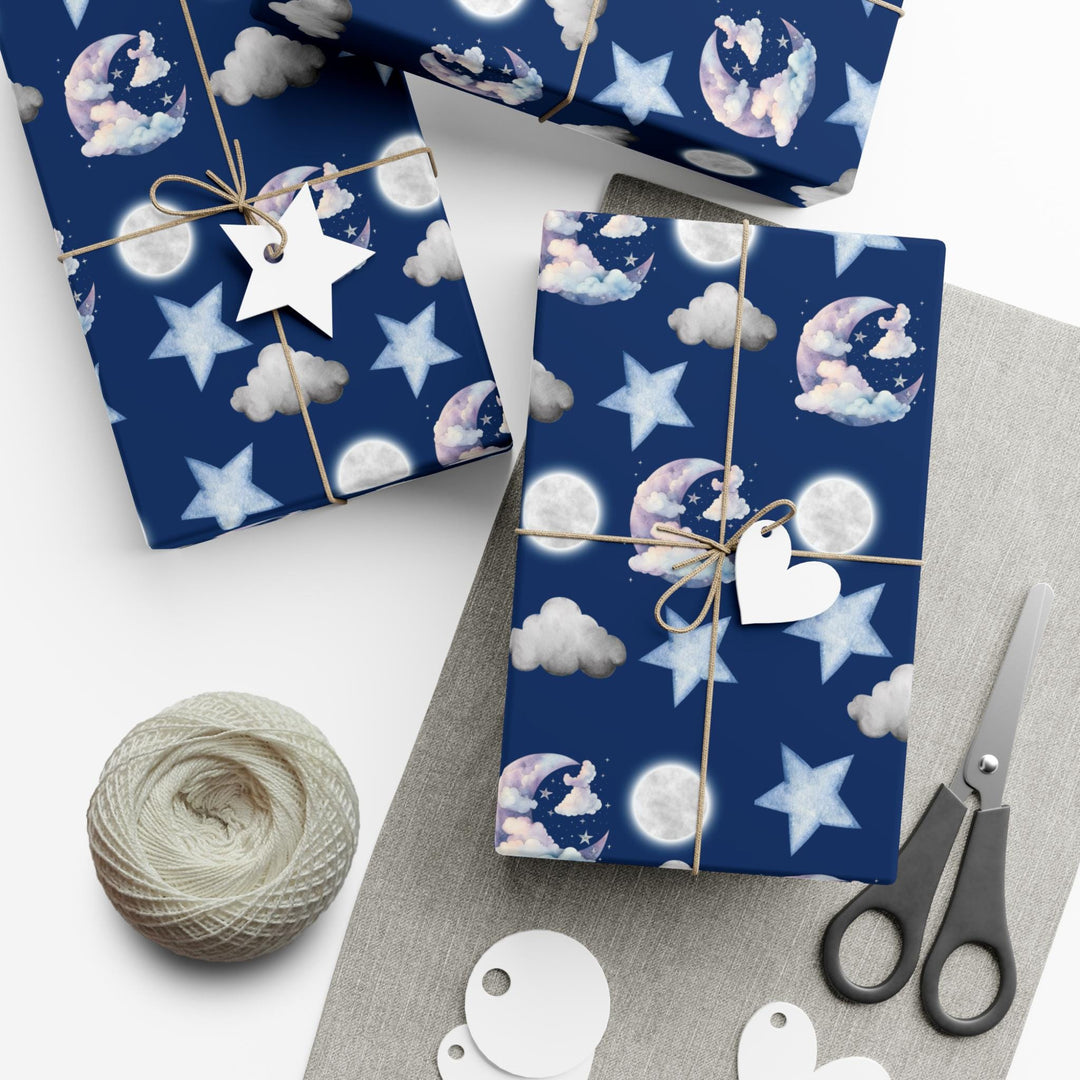 Dark blue wrapping paper with white clouds, white moon and light blue stars graphics, cute for nursery gifts or baby gifts