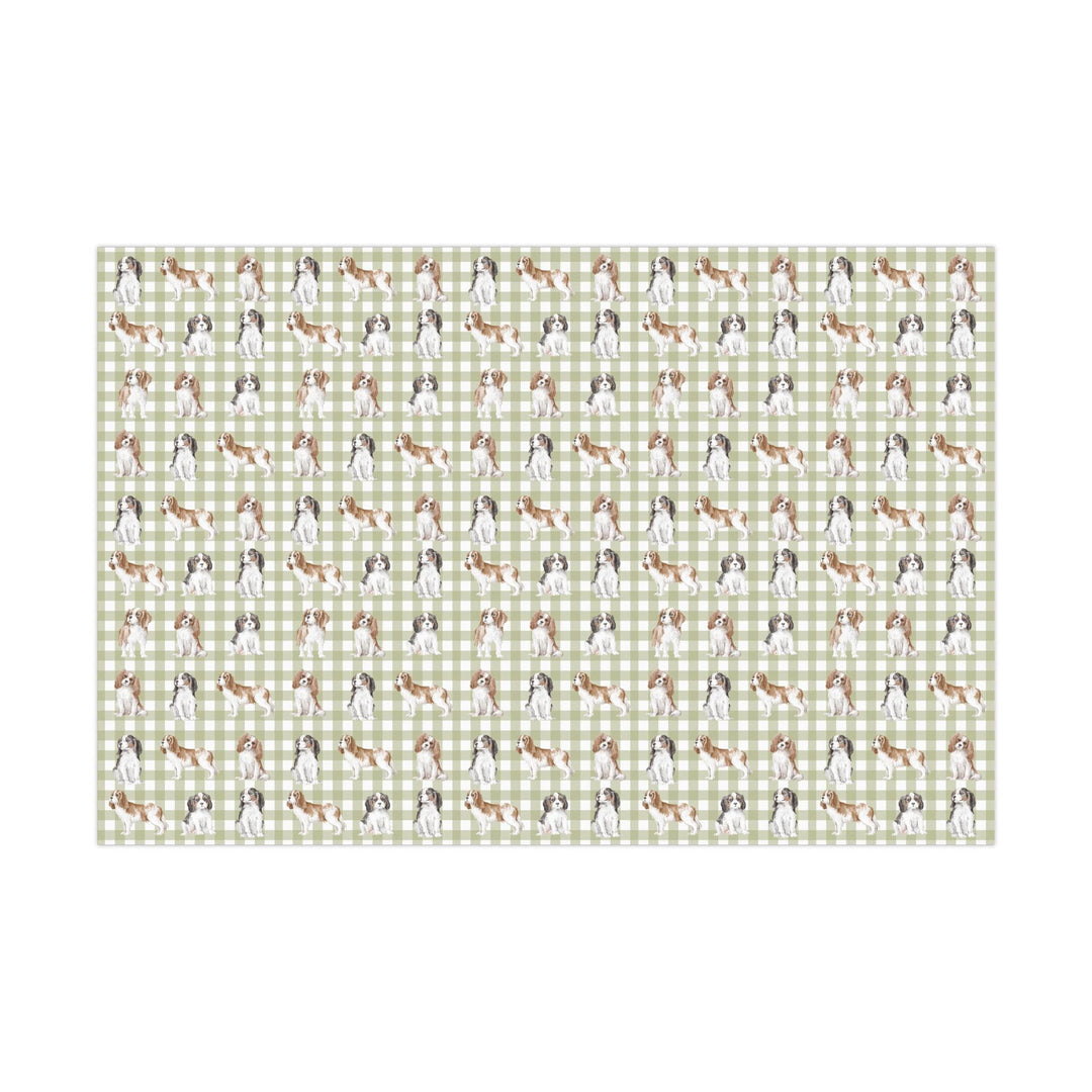 King Charles Spaniel Cavalier dogs in a pattern with a green gingham background on wrapping paper