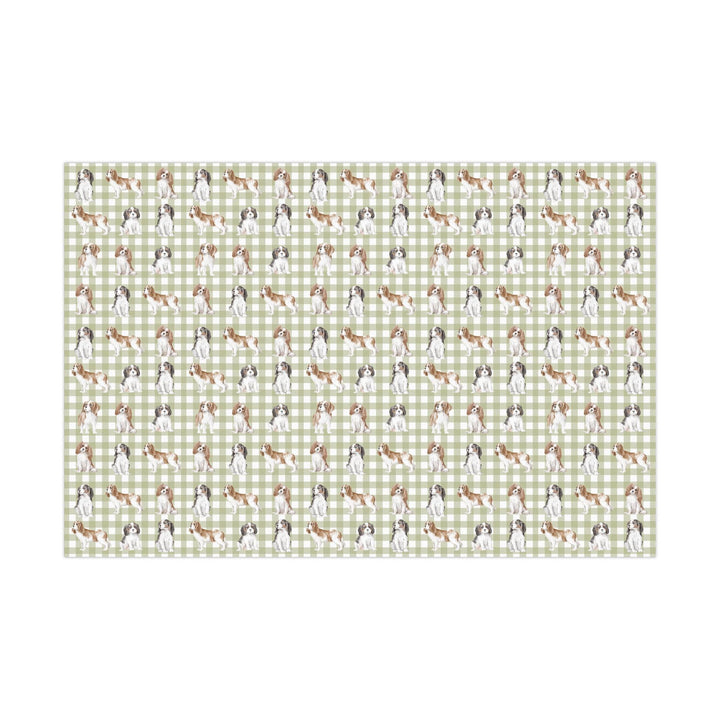 King Charles Spaniel Cavalier dogs in a pattern with a green gingham background on wrapping paper