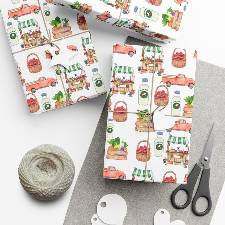 White wrapping paper with adorable watercolor graphics of fresh Produce, Market Stand & Farm Truck