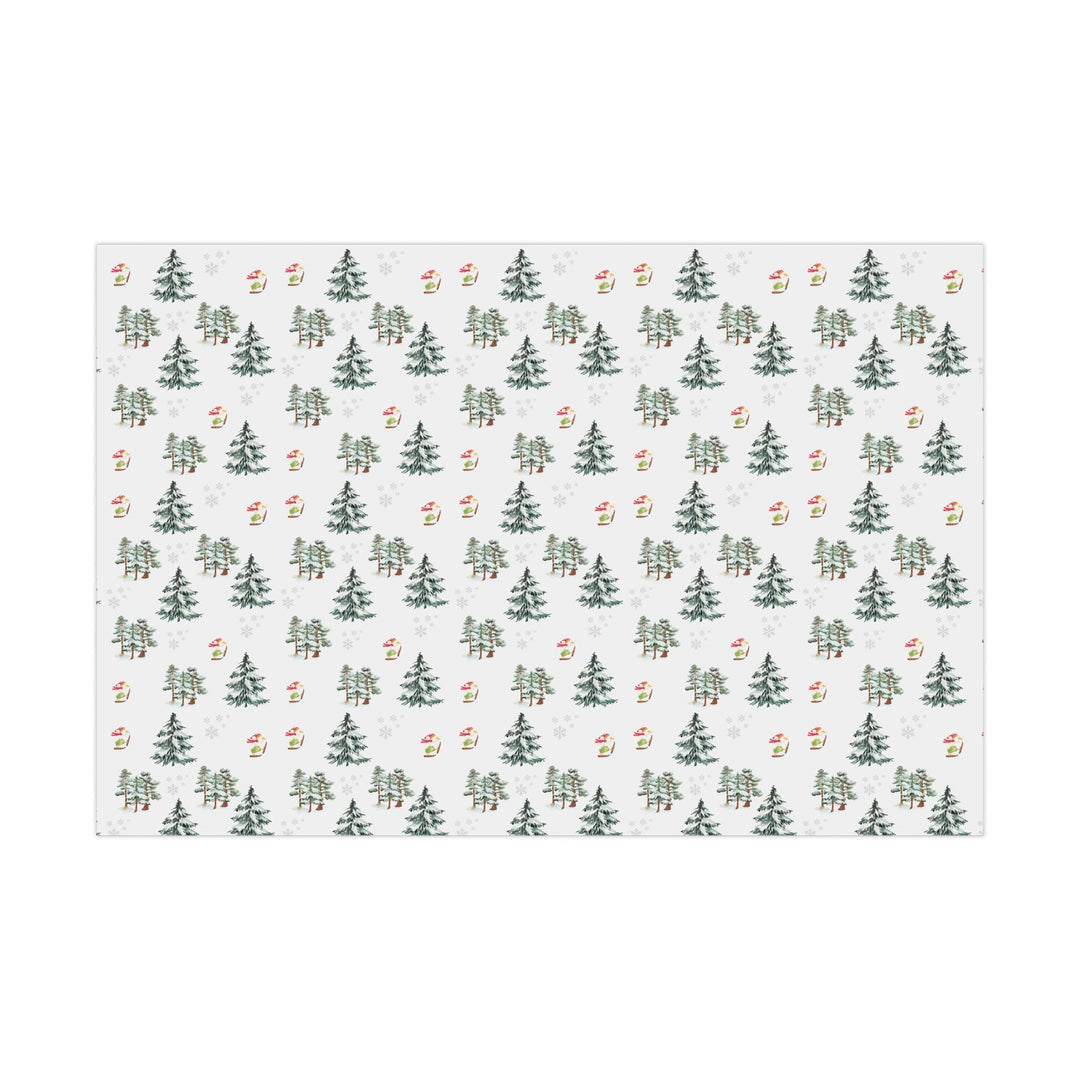 Wrapping paper with Off white background and a ski landscape of trees with a duck in a christmas Santa hat skiing