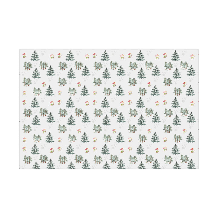 Wrapping paper with Off white background and a ski landscape of trees with a duck in a christmas Santa hat skiing