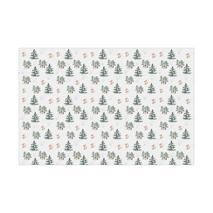 Wrapping paper with Off white background and a ski landscape of trees with a duck in a christmas Santa hat skiing