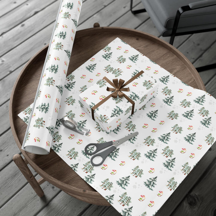 Wrapping paper with Off white background and a ski landscape of trees with a duck in a christmas Santa hat skiing