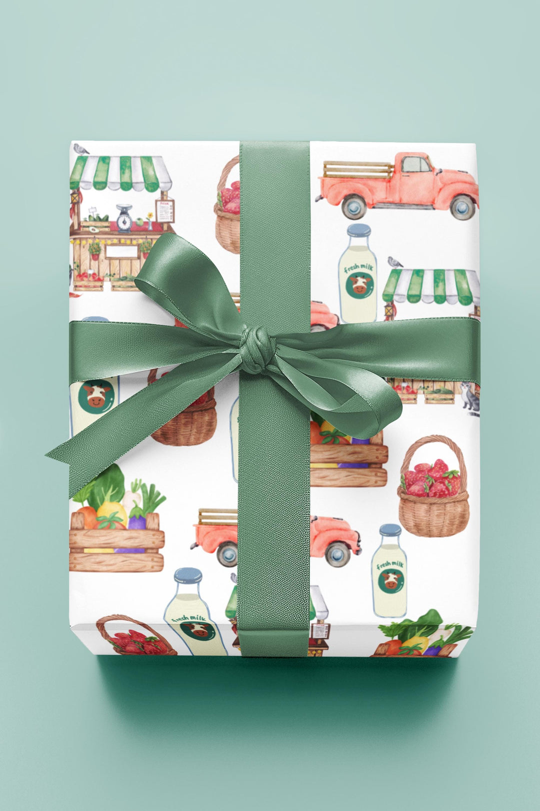 White wrapping paper with adorable watercolor graphics of fresh Produce, Market Stand & Farm Truck