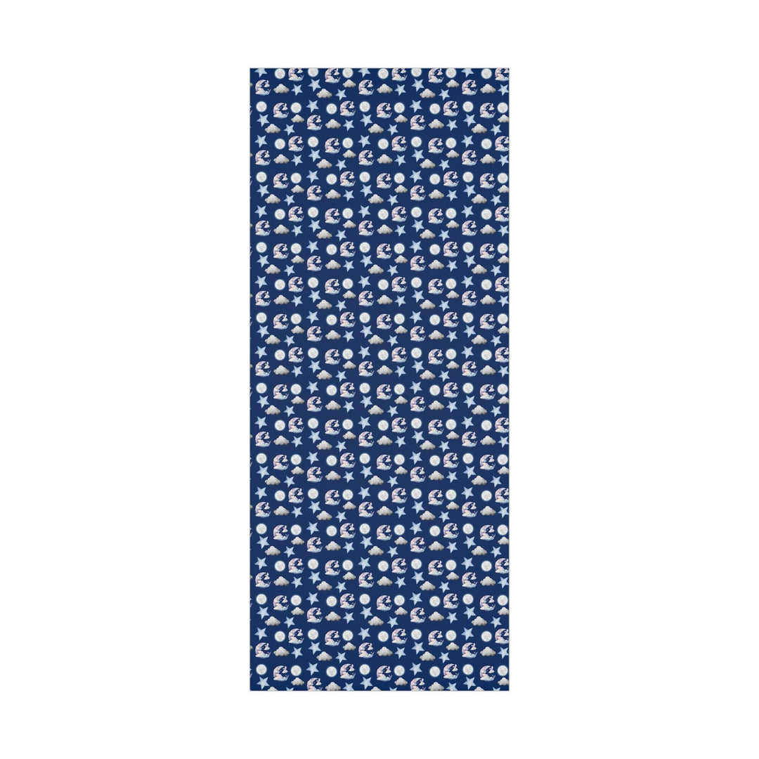 Dark blue wrapping paper with white clouds, white moon and light blue stars graphics, cute for nursery gifts or baby gifts