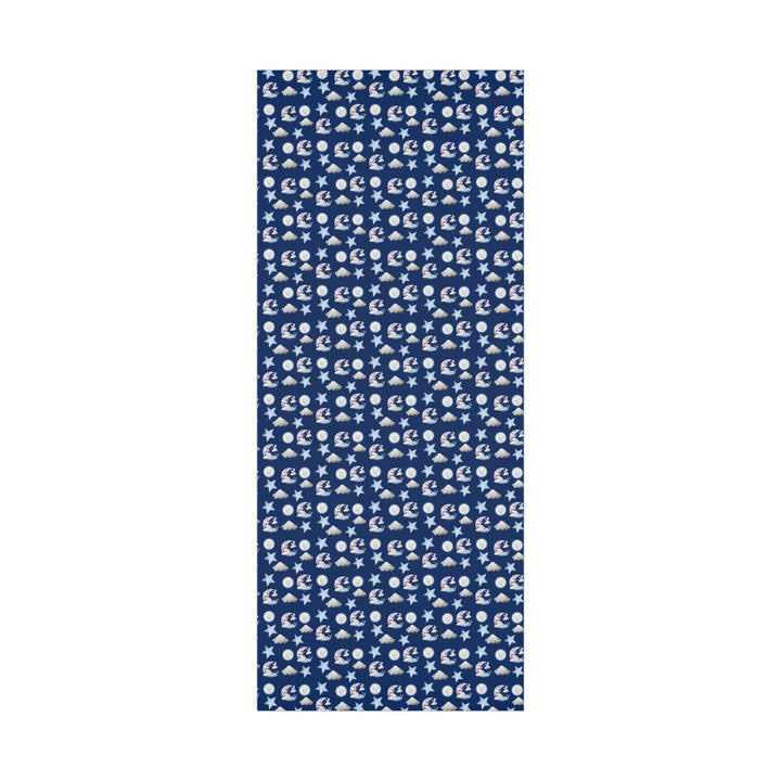 Dark blue wrapping paper with white clouds, white moon and light blue stars graphics, cute for nursery gifts or baby gifts