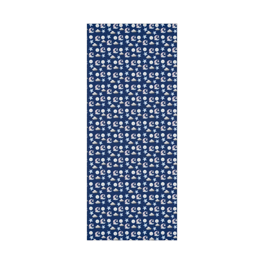 Dark blue wrapping paper with white clouds, white moon and light blue stars graphics, cute for nursery gifts or baby gifts