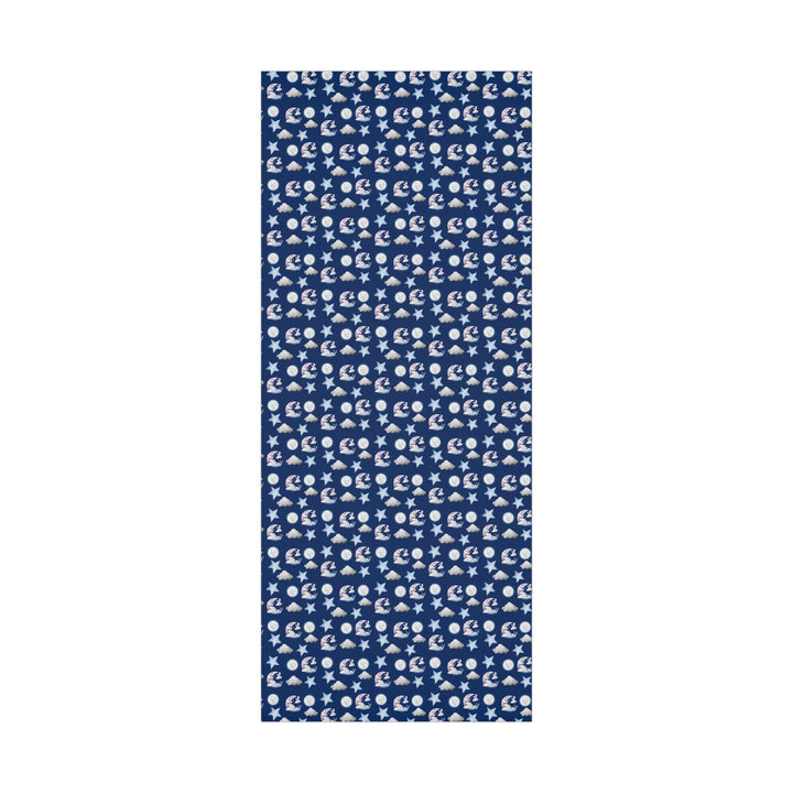 Dark blue wrapping paper with white clouds, white moon and light blue stars graphics, cute for nursery gifts or baby gifts